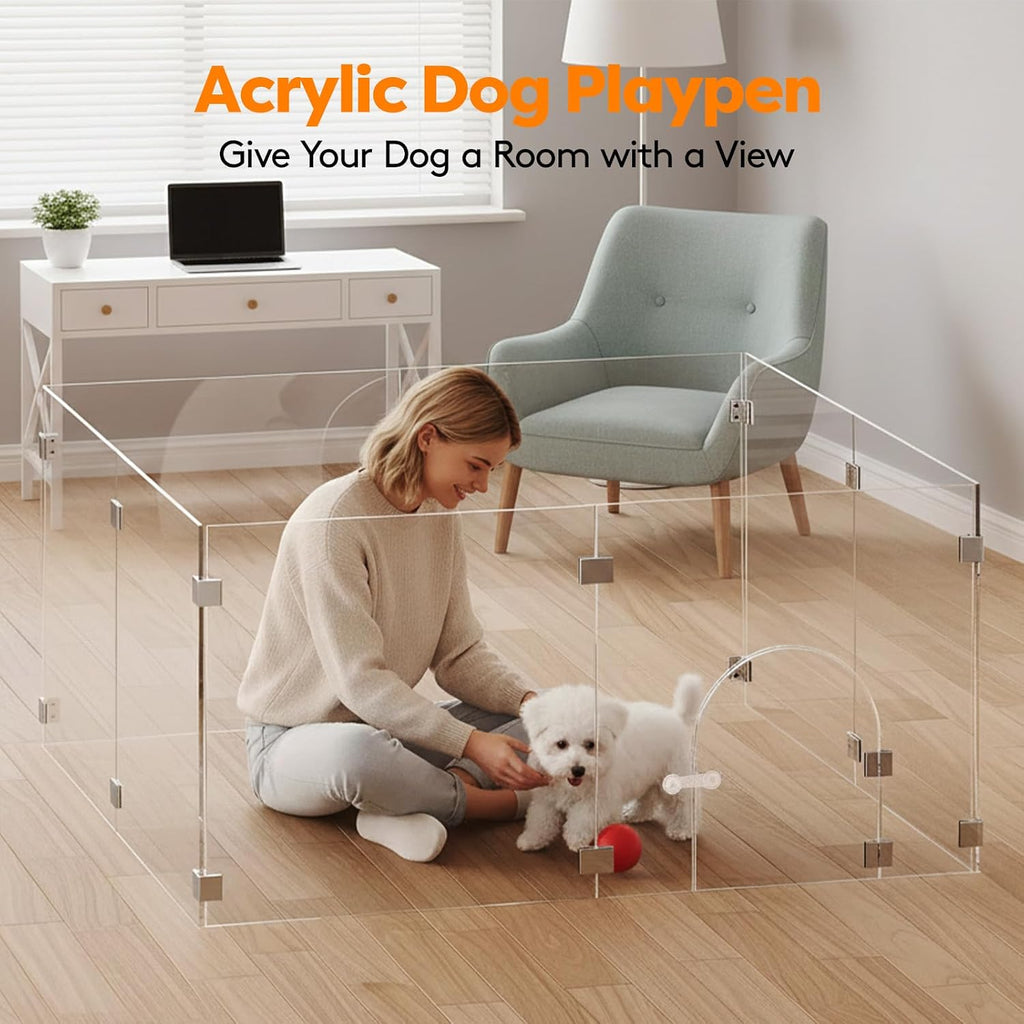 Clear Acrylic Pet Playpen with Door, 8 Panels 23.6 Inches High, Indoor Pet Fence & Crate for Puppies Small Dogs and