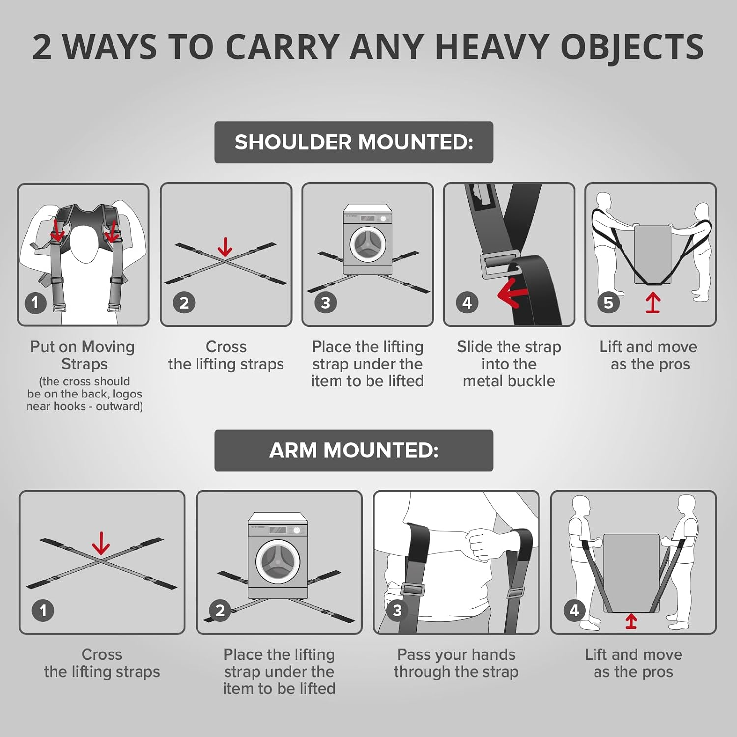 Moving Straps - 2 Pairs - Red Lifting Straps for 2 Movers | Move Furniture Easily and Safely - Perfect for Lifting &