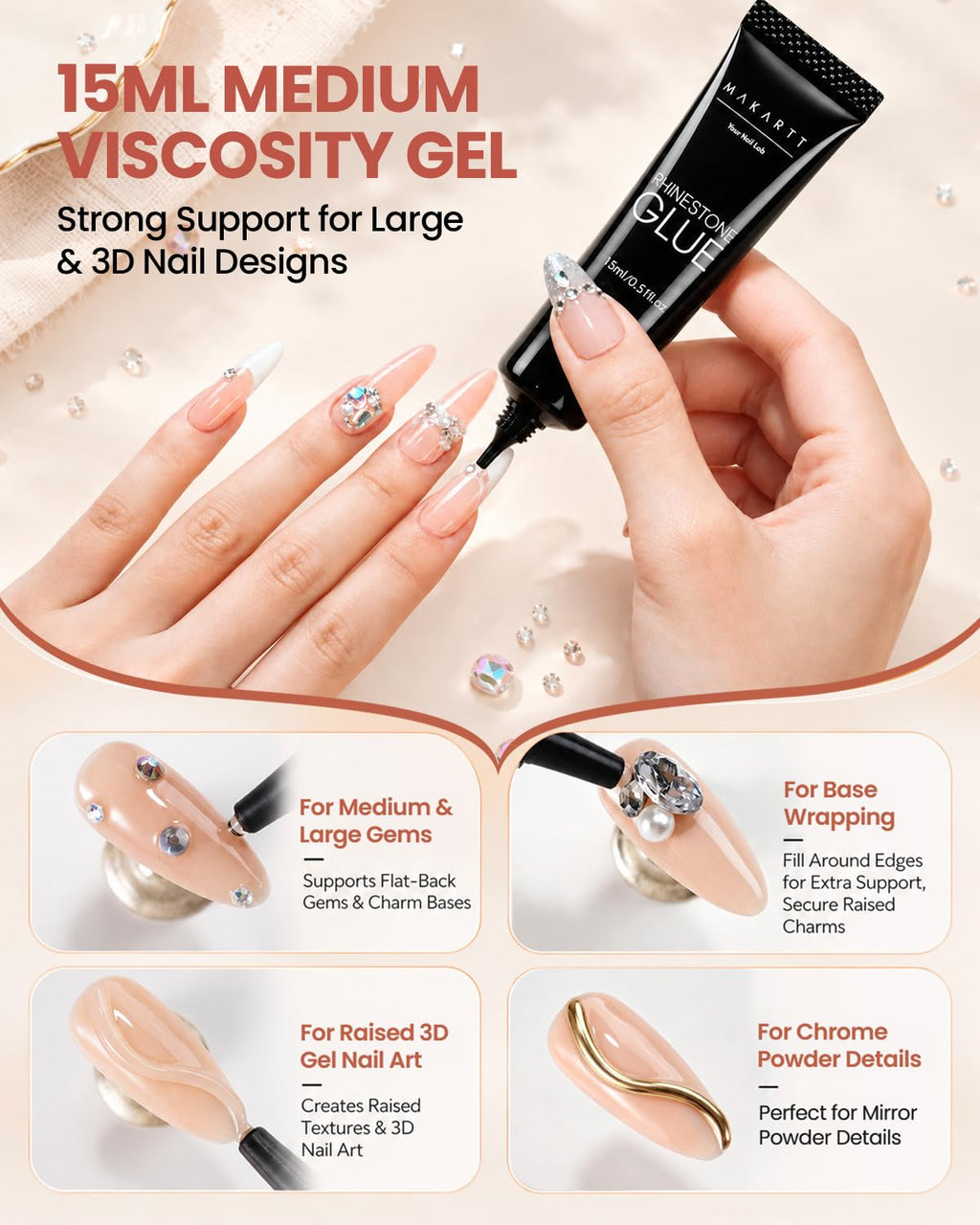 Nail Rhinestone Glue Kit, Strong Hold UV/LED Gel, 15ml + 8ml