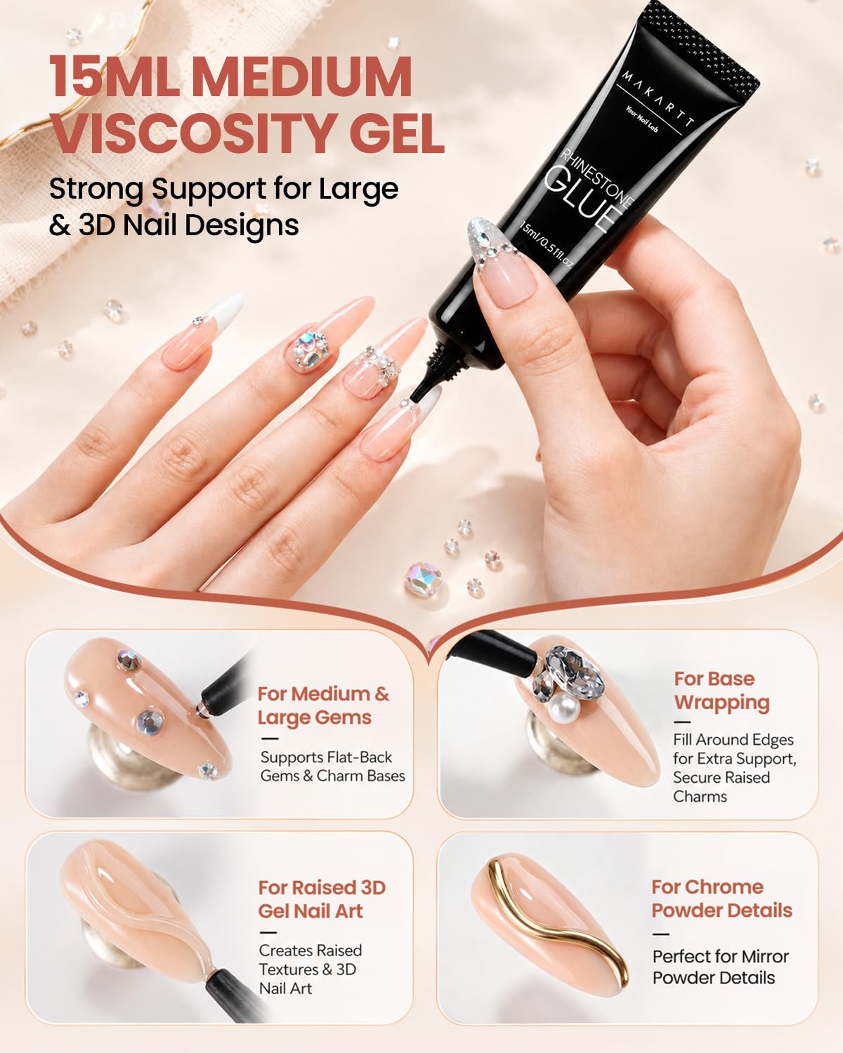 Nail Rhinestone Glue Kit, Strong Hold UV/LED Gel, 15ml + 8ml