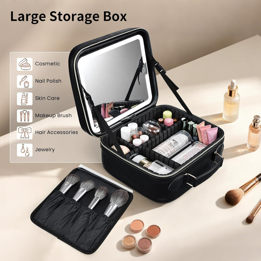 Makeup Bag with LED Lighted Mirror 10.2-in Travel Makeup Bag Train Case Adjustable Brightness in 3 Colors Cosmetic