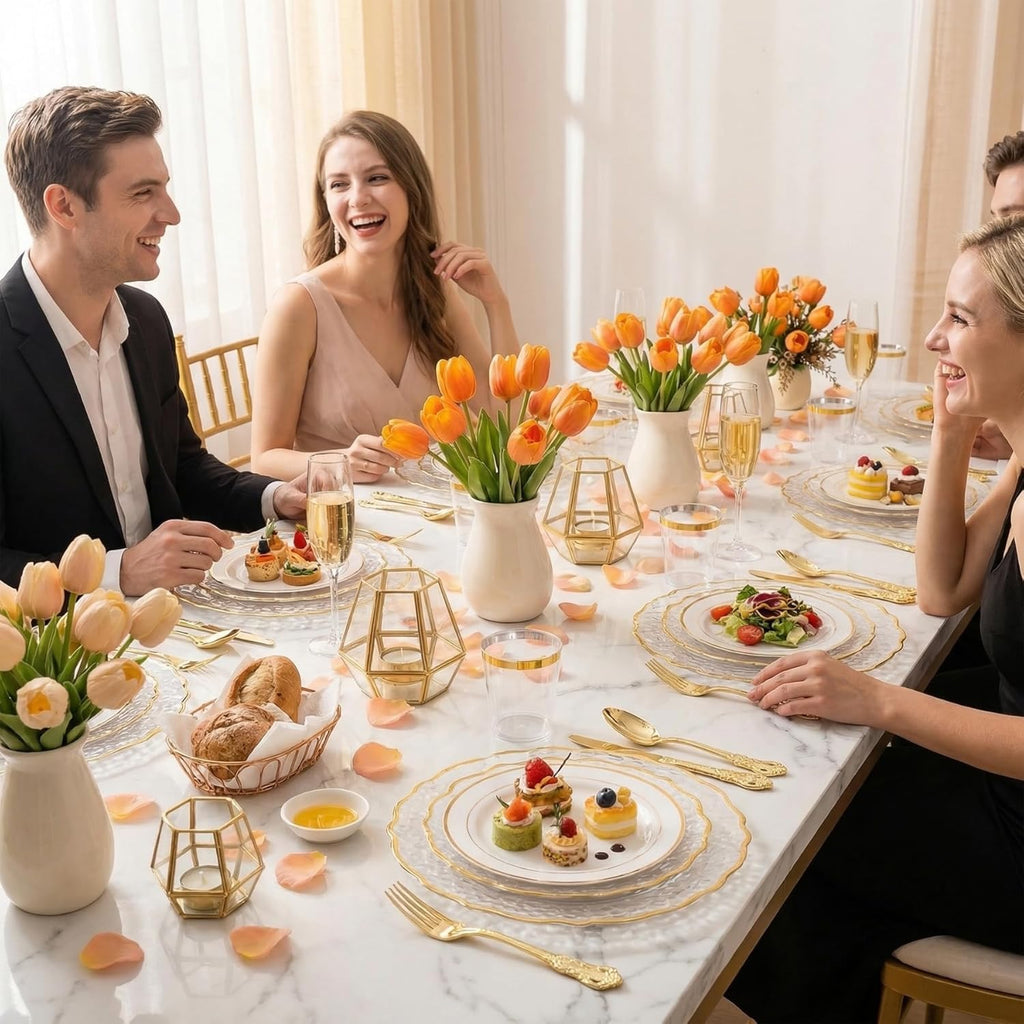 300PCS Gold Plastic Silverware, Vintage Disposable Utensils & Cutlery