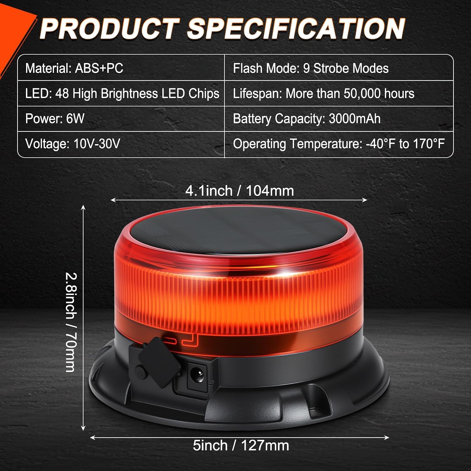 Solar Strobe Beacon Light, Amber Emergency Warning Light, Magnetic | Rechargeable 360° Flashing with 9 Modes and
