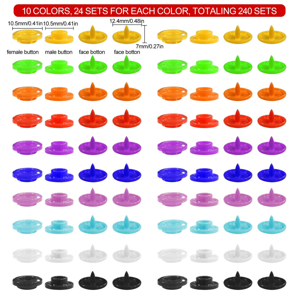 Plastic Snap Buttons for Fabric Sewing, 10 Colors, 240 Set