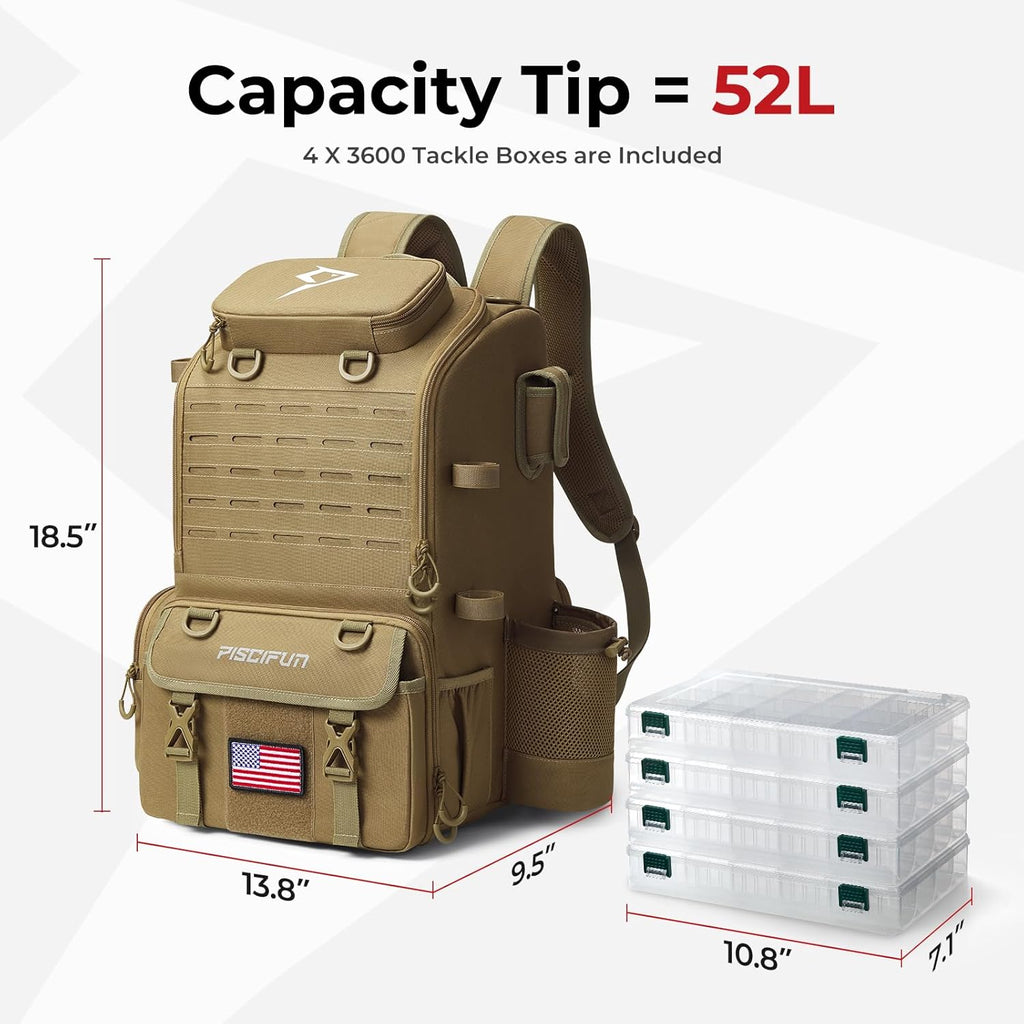 52L Fishing Tackle Backpack with Rod Holders & 4 Tackle Boxes, Large Tackle Bag for Gear Storage with Rain Cover