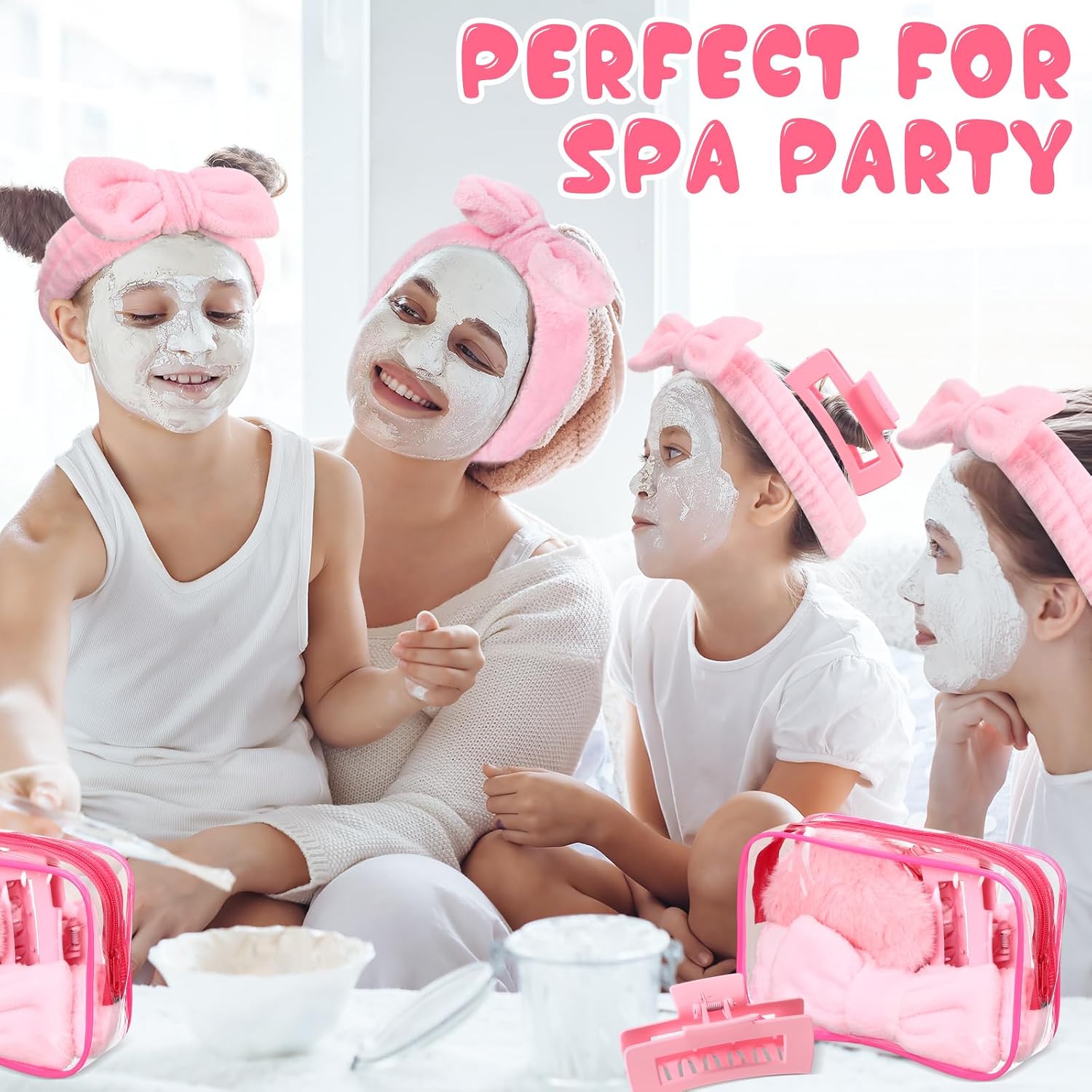 24 Pcs Spa Party Favors Supplies 6 Spa Headband 6 Plush Sleep Eye Mask 6 Hair Claw Clips 6 Clear Cosmetic Bags for