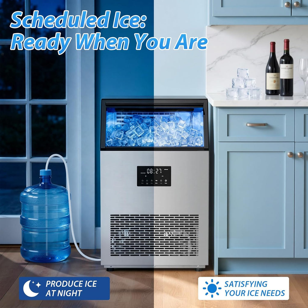 Commercial Ice Maker Machine, 150Lbs/24H Undercounter/Freestanding Ice Machine with Self-Priming Gallon Water& Facuet