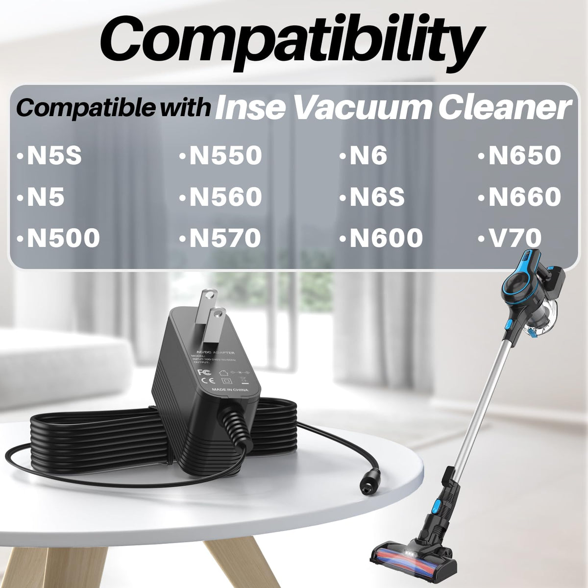26.5V DC Charger for Inse Cordless Vacuum Cleaner Replacement AC Adapter
