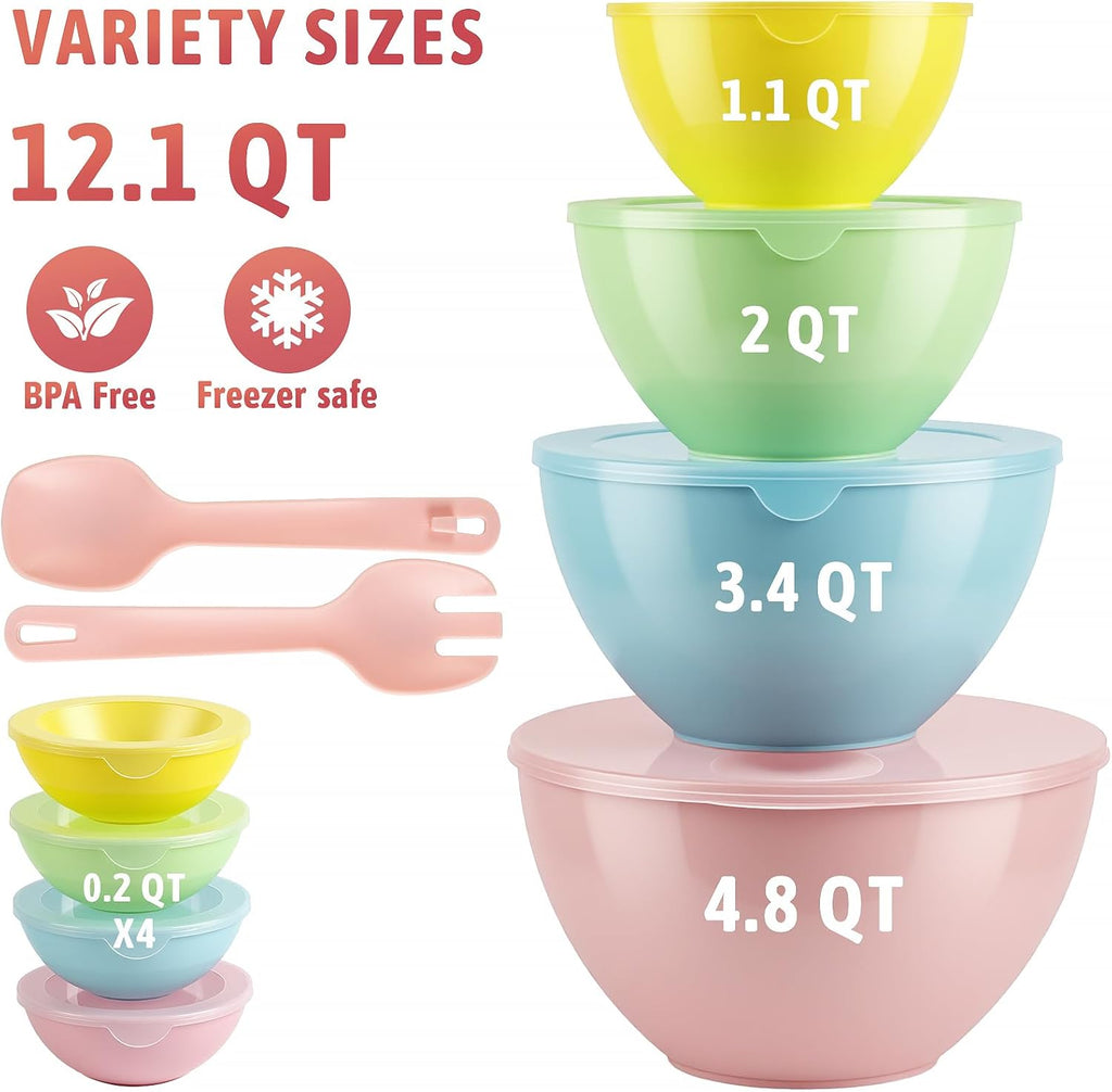 16 Piece Plastic Mixing Bowls with Lids Set - Nesting Bowls Set includes 8 Prep Bowls and 8 Lids, 2-in-1 Spoon-Fork