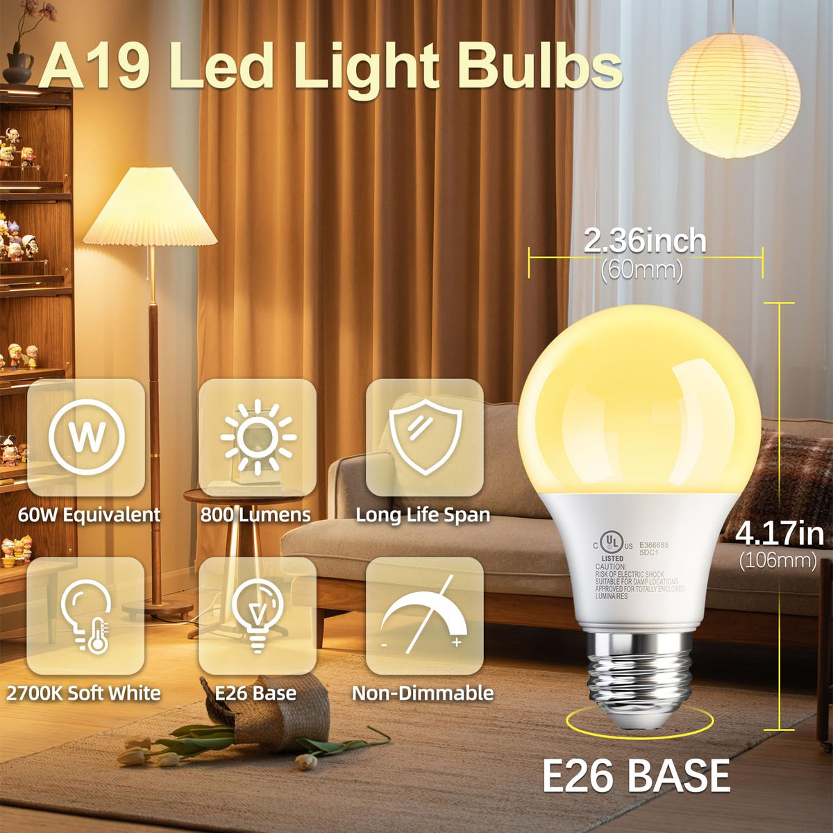 6 Pack A19 LED Light Bulbs, Soft Warm White 2700K, 60 Watt Eq,E26 Base