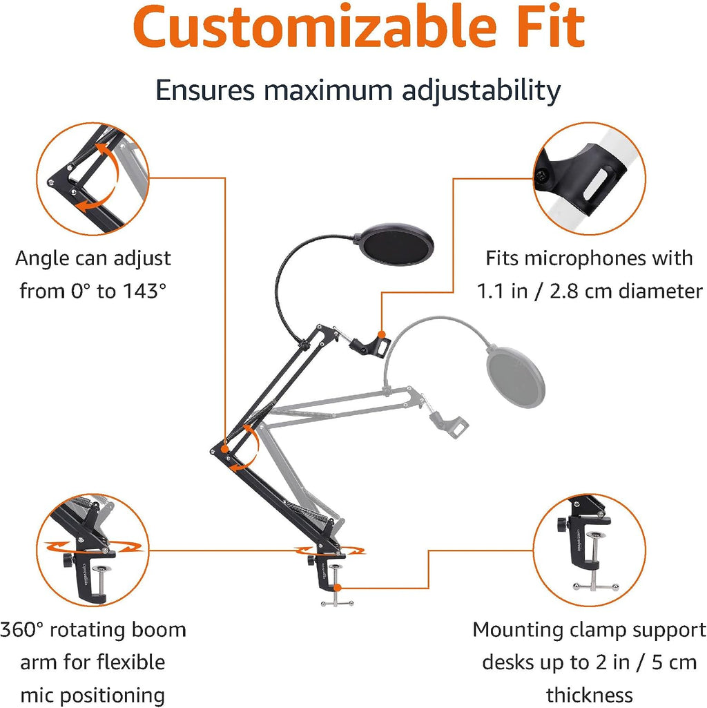 Adjustable Microphone Boom Arm Stand, 14 inch, Supports Standard Microphones, Adjustable Tension, Includes Pop Filter