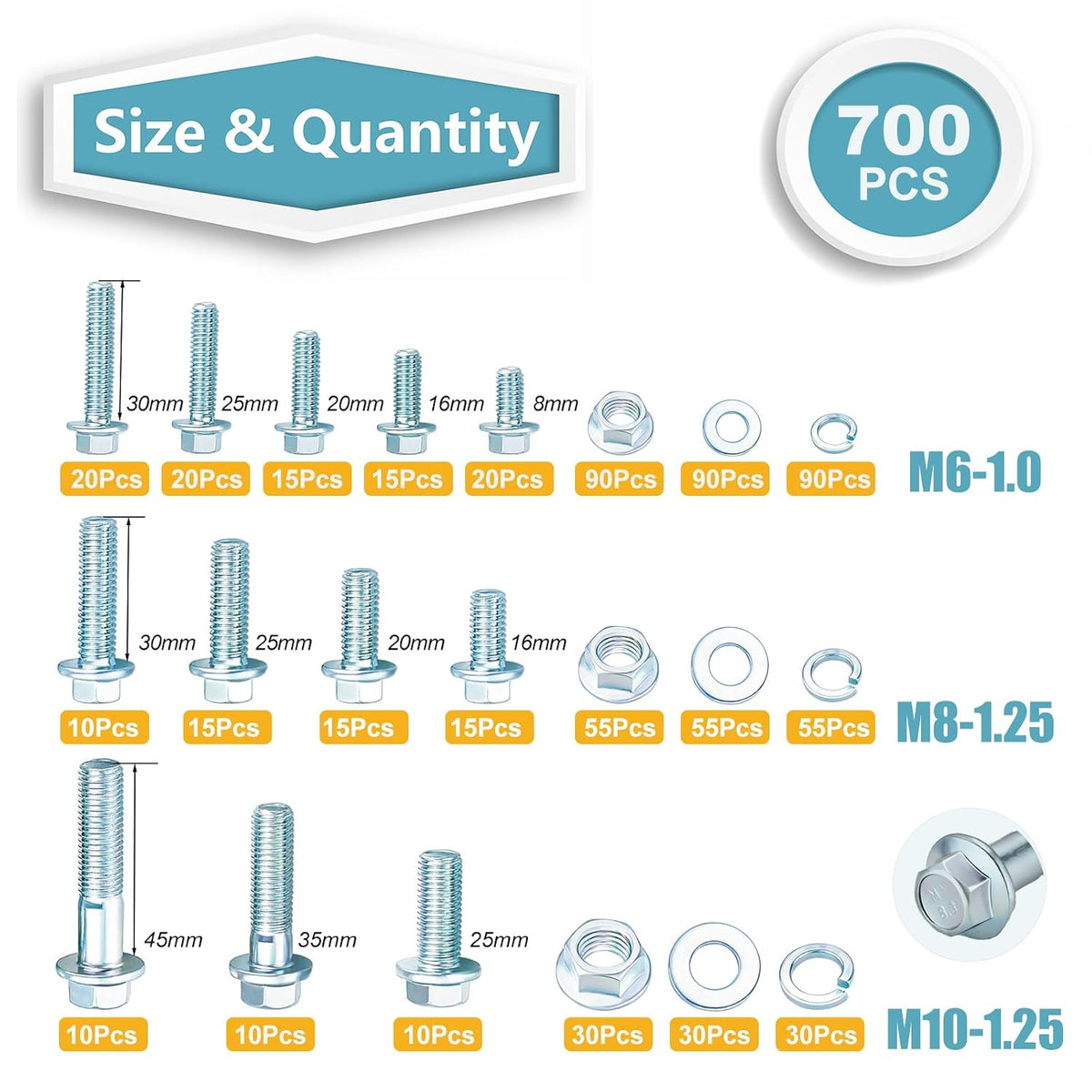 KADRICK 700PCS Class 8.8 Metric Bolt Assortment,M6 M8 M10 Flange Hex Bolts
