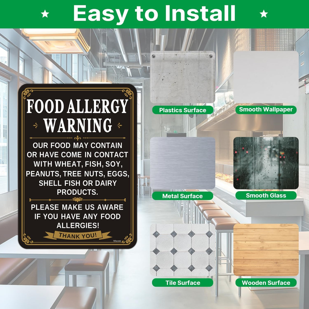 Food Allergy Warning Signs Safety 10” x 7” Suitable for Bar Cafe Restaurant Hotel, Sturdy Plastic, Self Adhesive