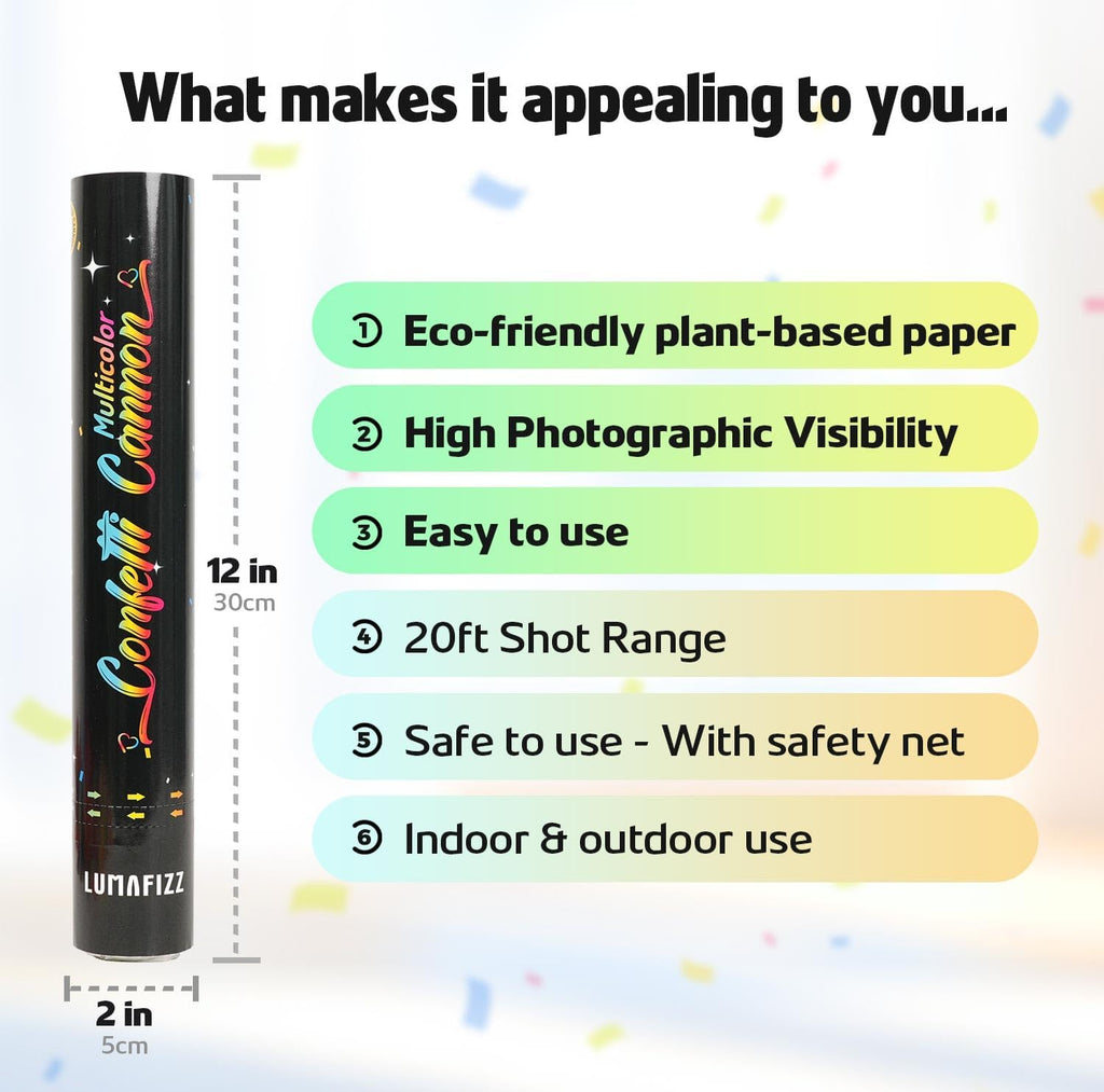 12in Confetti Cannons 6pk,LUMAFIZZ Multicolo Eco-Friendly Confetti Poppers