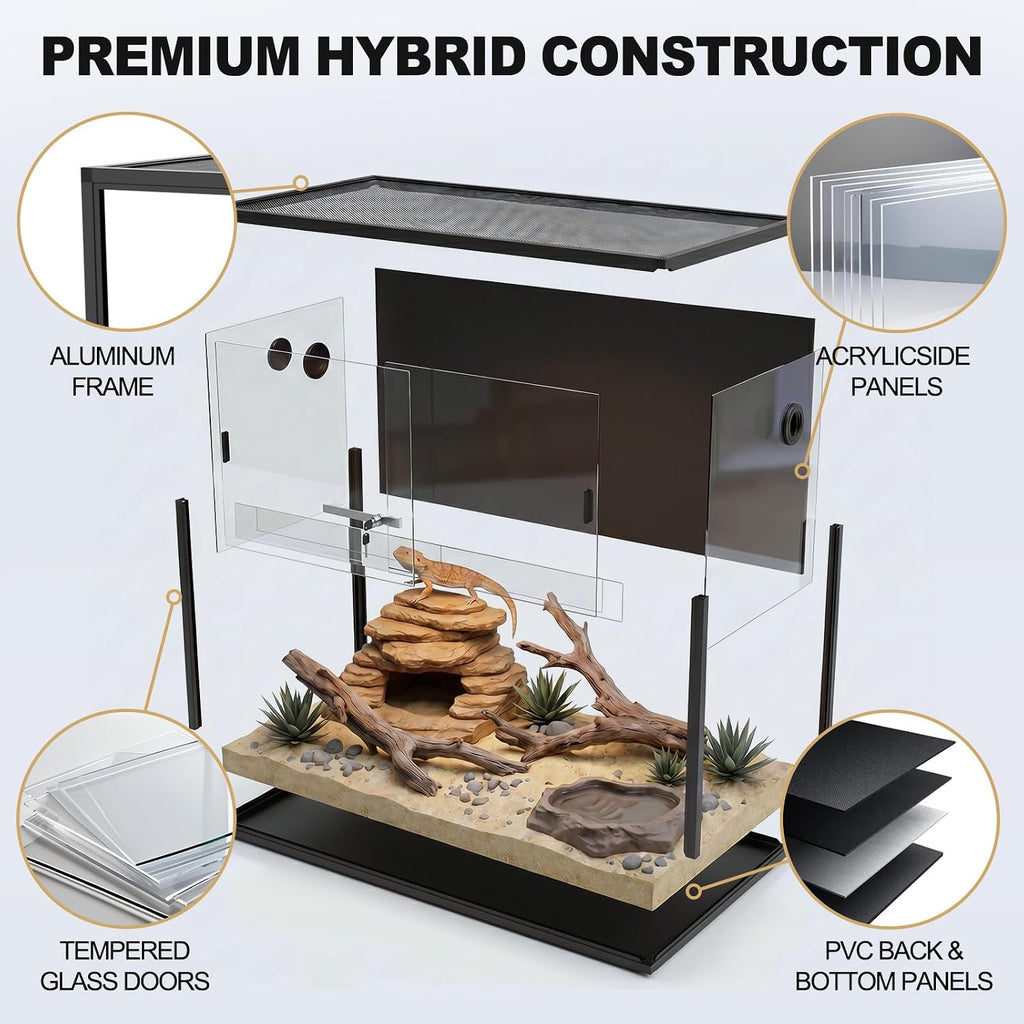 90 Gallon Reptile Tank, 48"x24"x18" Front Opening Reptile Terrarium, Black | Aluminum Frame Reptile Enclosure with