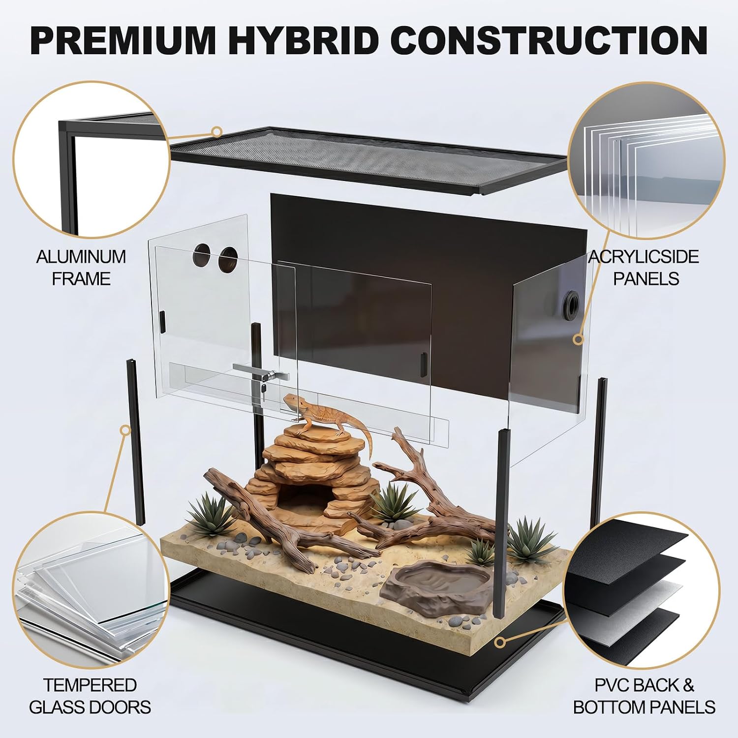 90 Gallon Reptile Tank, 48"x24"x18" Front Opening Reptile Terrarium, Black | Aluminum Frame Reptile Enclosure with