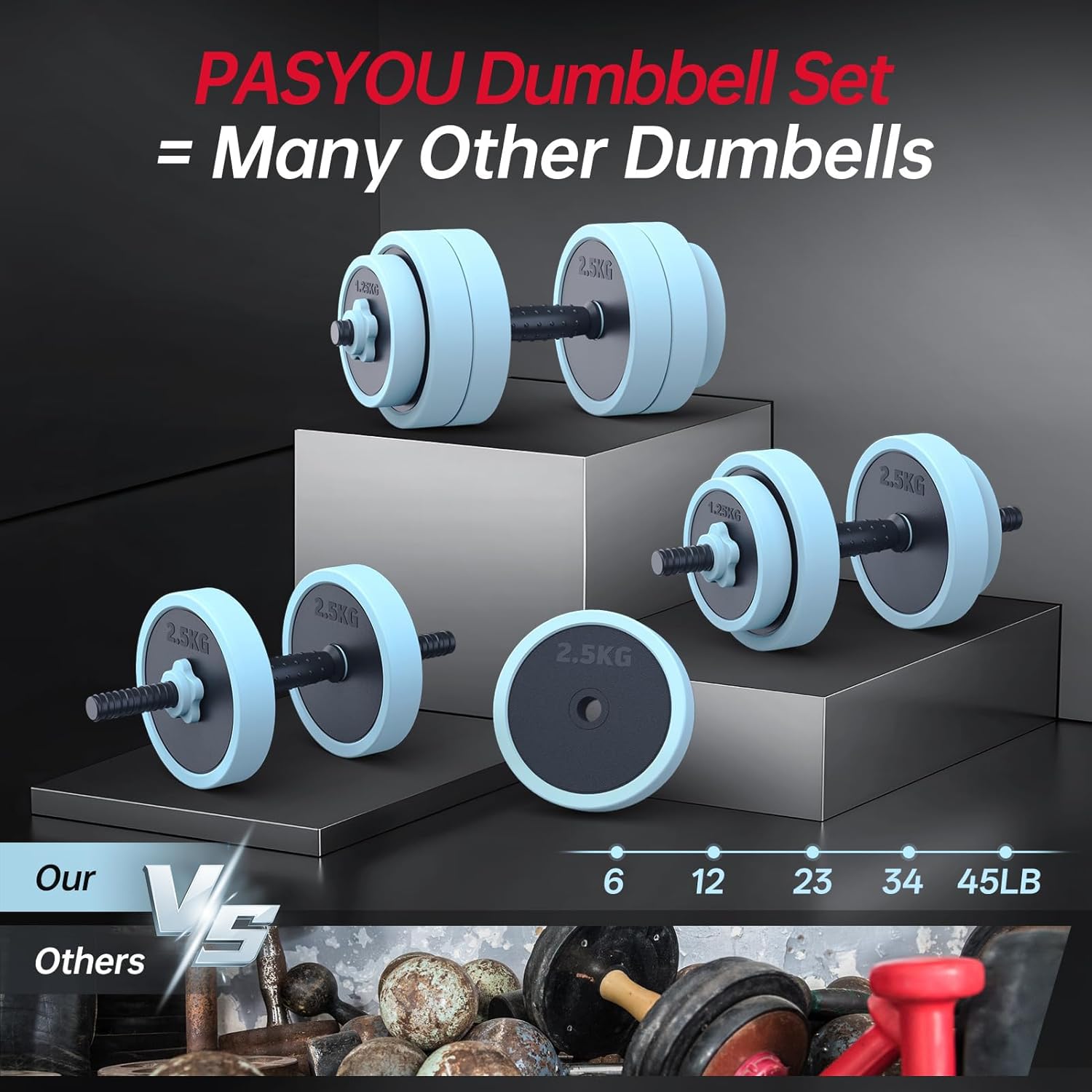 Adjustable Dumbbell Set, 45lbs Free Weight Set with Connector, 5 in 1 Weight Set Used as Kettlebells, Barbell, Push