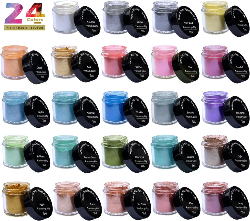 Mica Powder for Lip Gloss, Skin, Nails, Soap Making, Bath Bombs, Epoxy Resin, Art Crafts, 24 Colors(0.11oz) Each