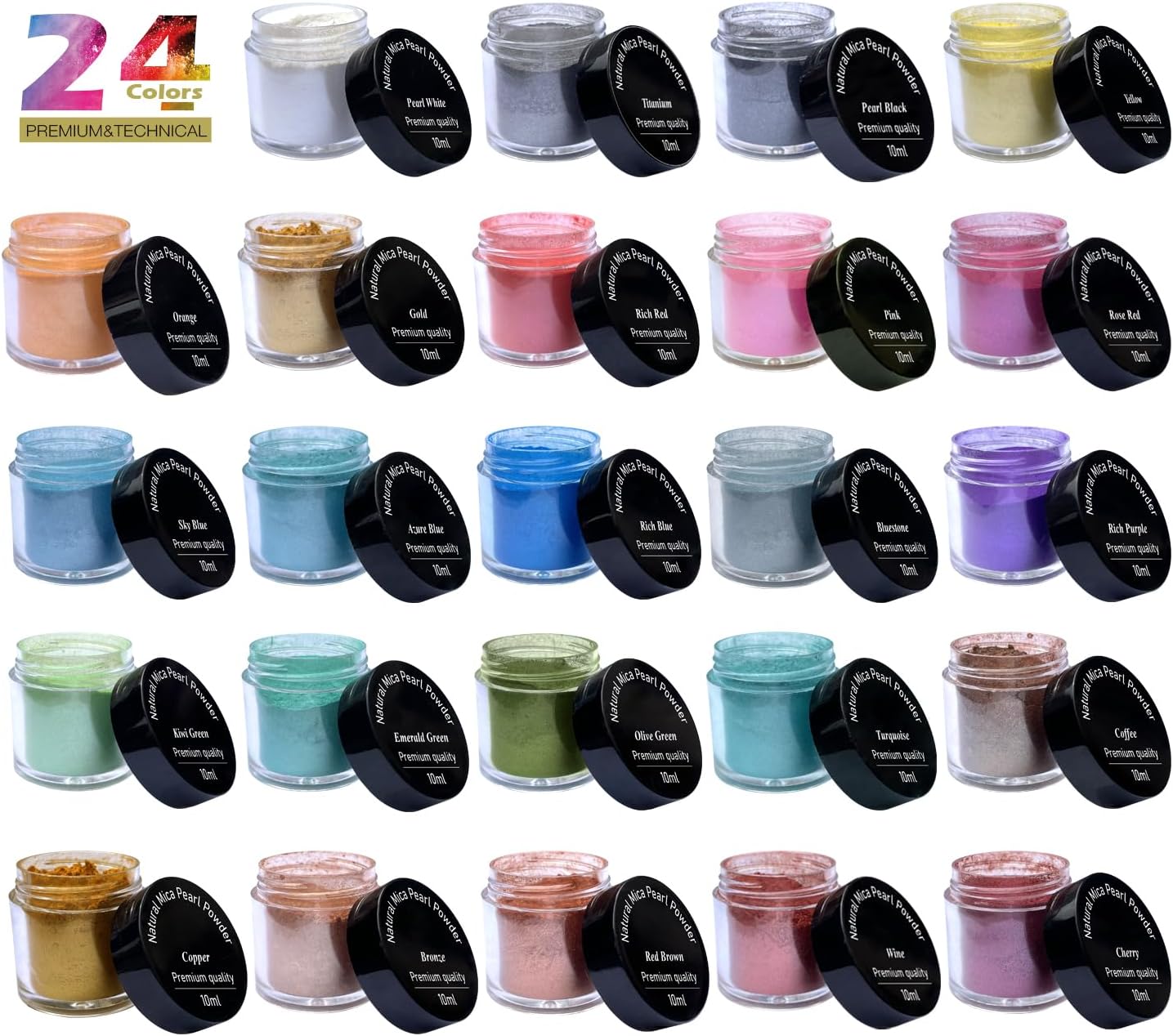 Mica Powder for Lip Gloss, Skin, Nails, Soap Making, Bath Bombs, Epoxy Resin, Art Crafts, 24 Colors(0.11oz) Each