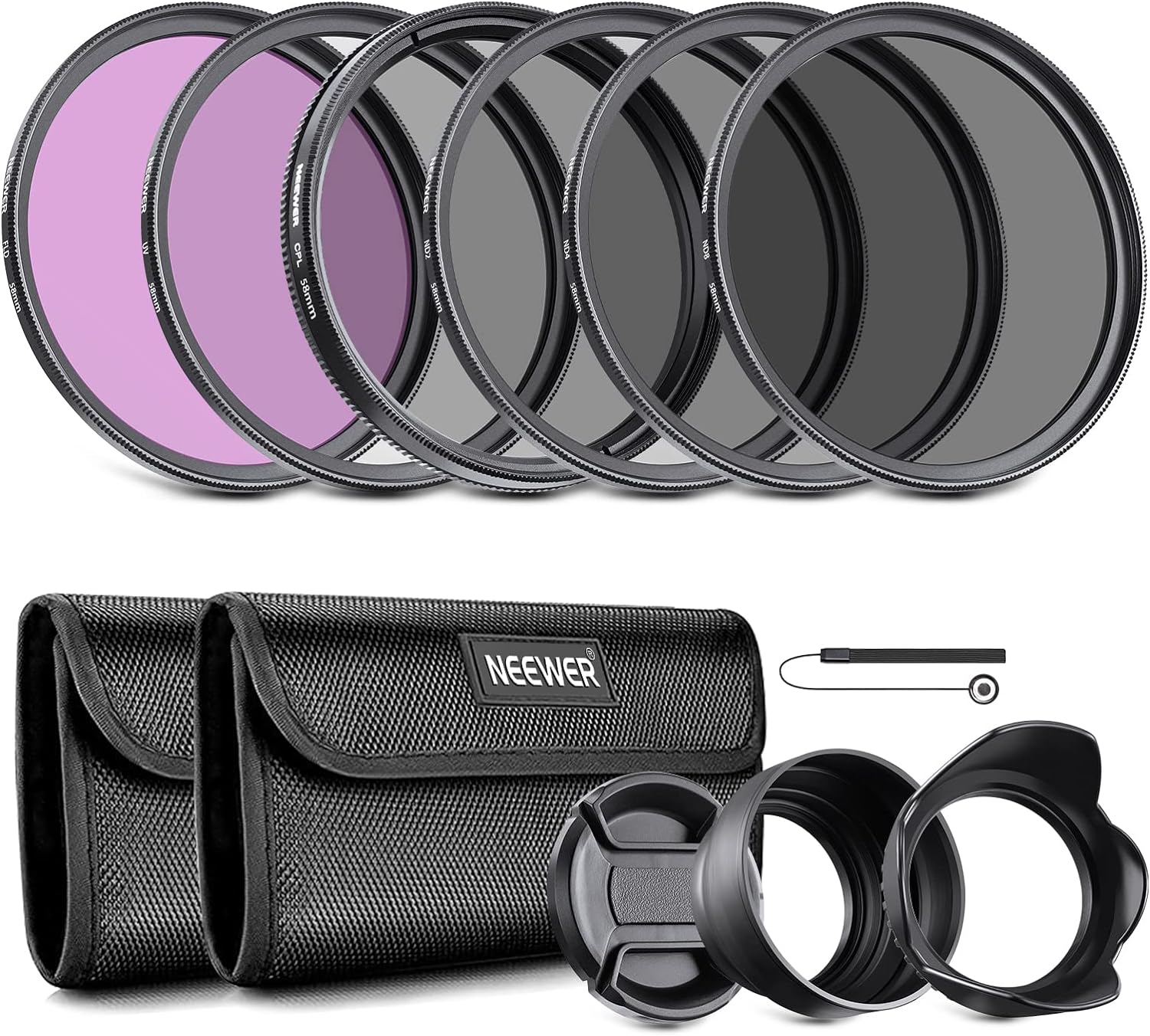 58mm ND Lens Filter Kit with Hood & Lens Cap | UV, CPL, FLD, ND2, ND4, ND8, Compatible with Canon Nikon Sony