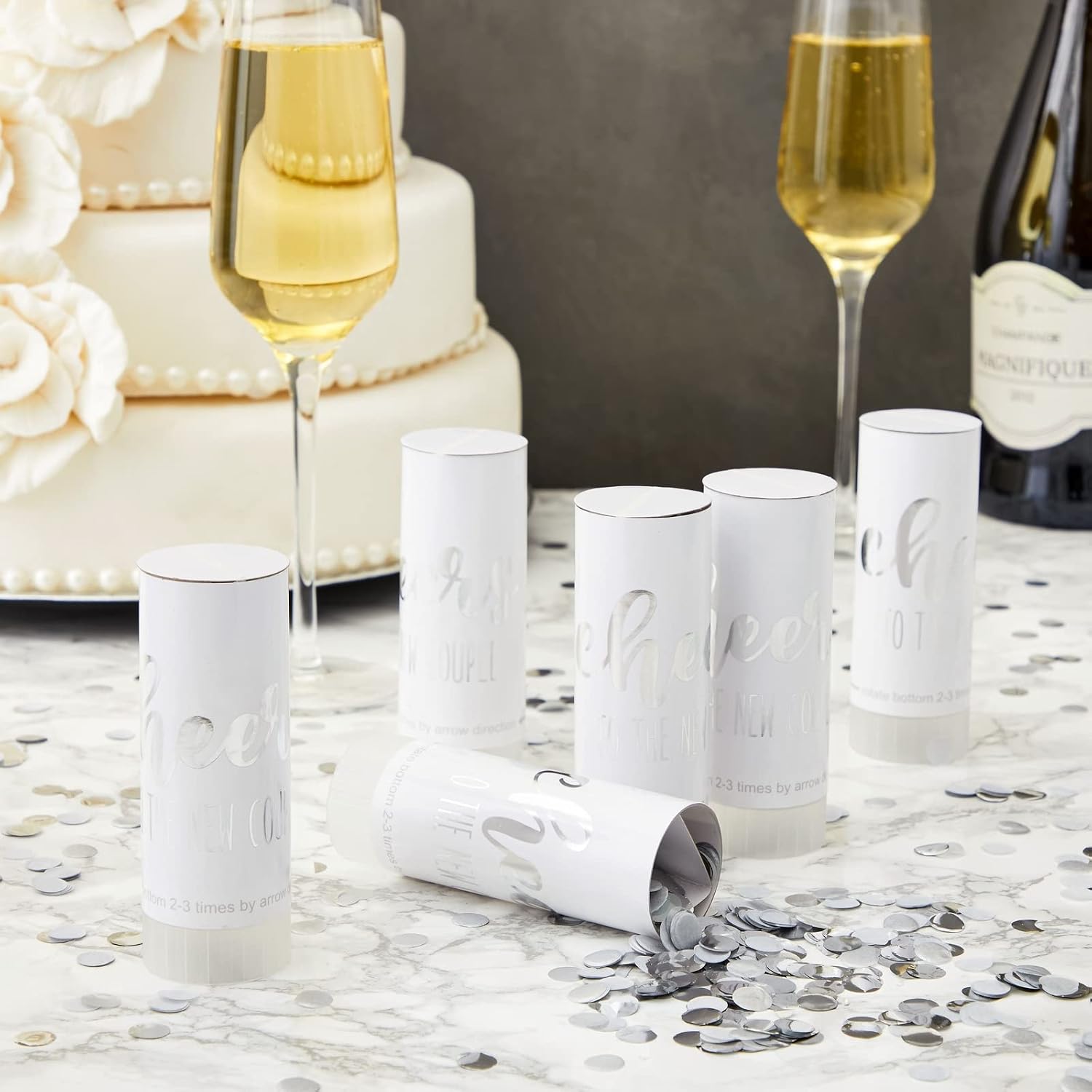 Wedding Confetti Wands - 1.5 x 4.2 In, 20 Pack, Silver & White - Metallic Foil Dispenser for Send Off, Bridal Shower