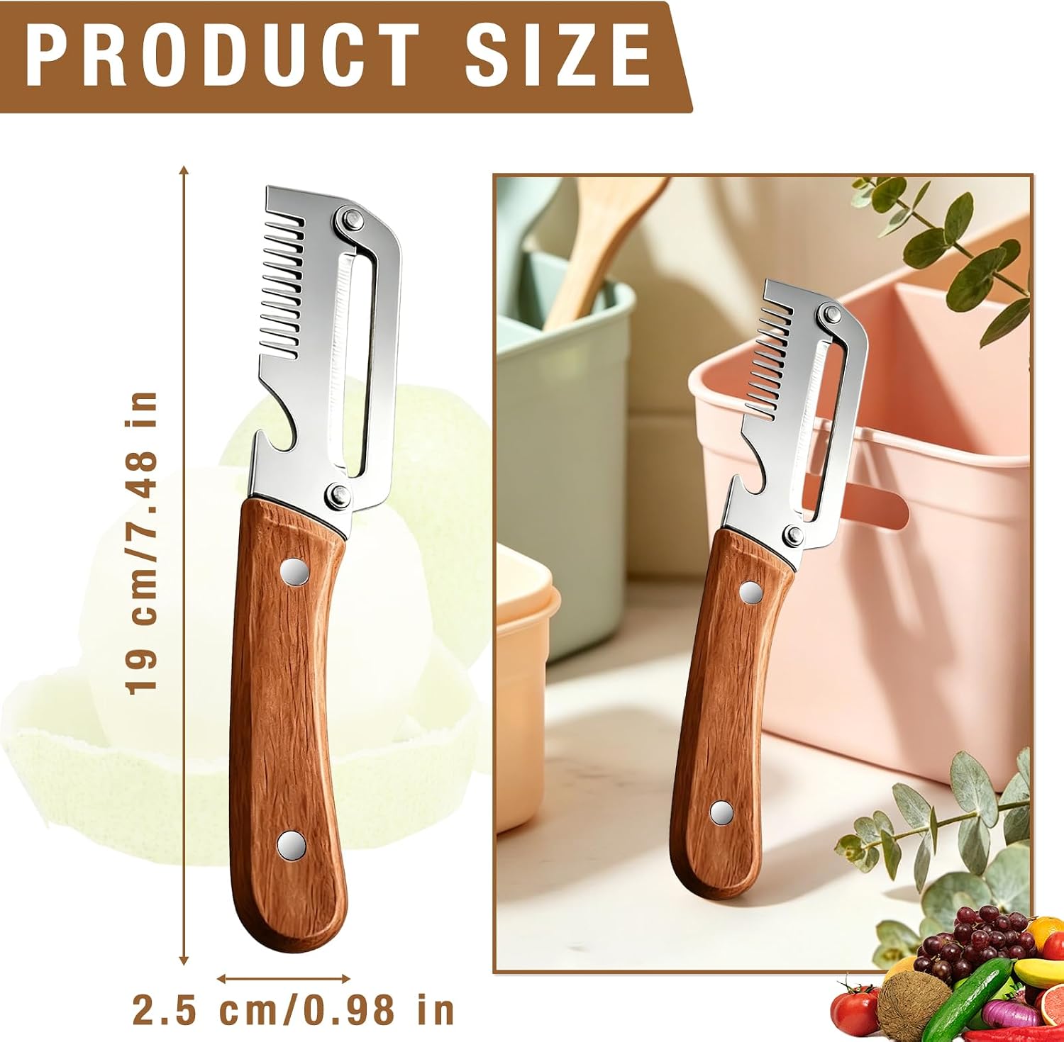2-Pack Multifunctional Vegetable Peeler,Premium Vegetable Peeler with Wooden Handle and Bottle Opener,3-in-1 Peelers
