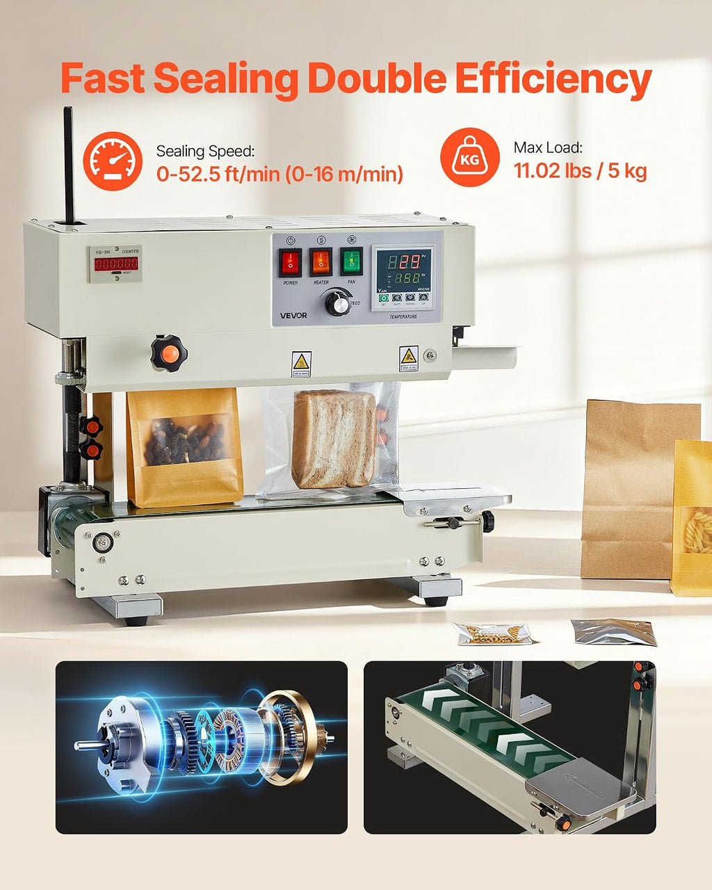 Continuous Bag Band Sealing Machine, 0.24-0.47 in Seal Width, Vertical Band Sealer Machine with Roller Printing, Temp