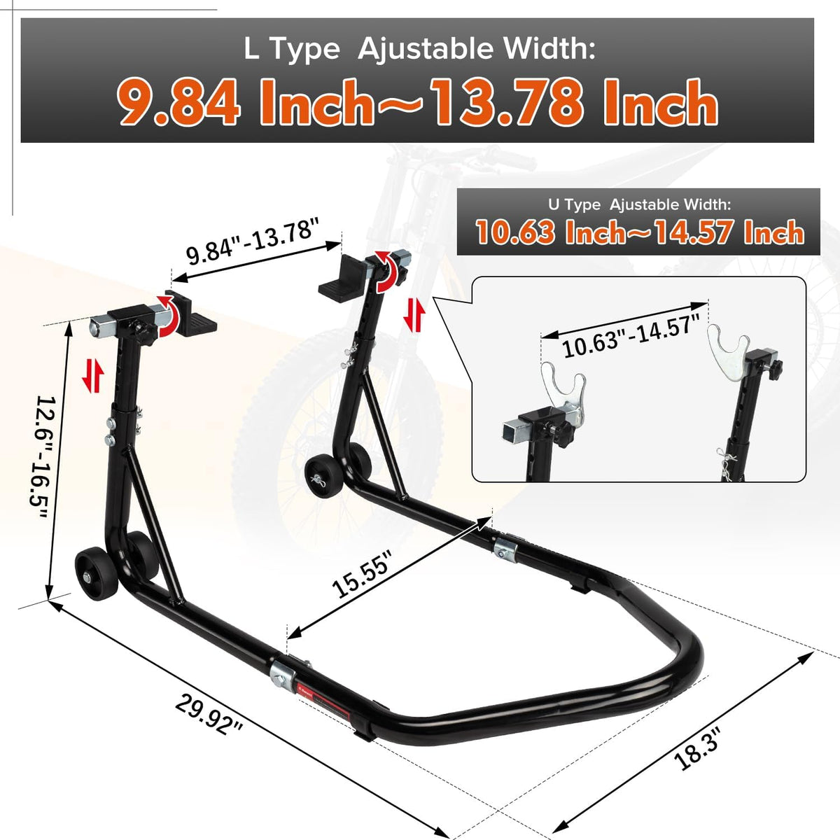 Motorcycle Stand 850LB Adjustable Sport Bike Rear Wheel Lift Swingarm Paddock Stands Black, 5 Adjustable Heights, U+L