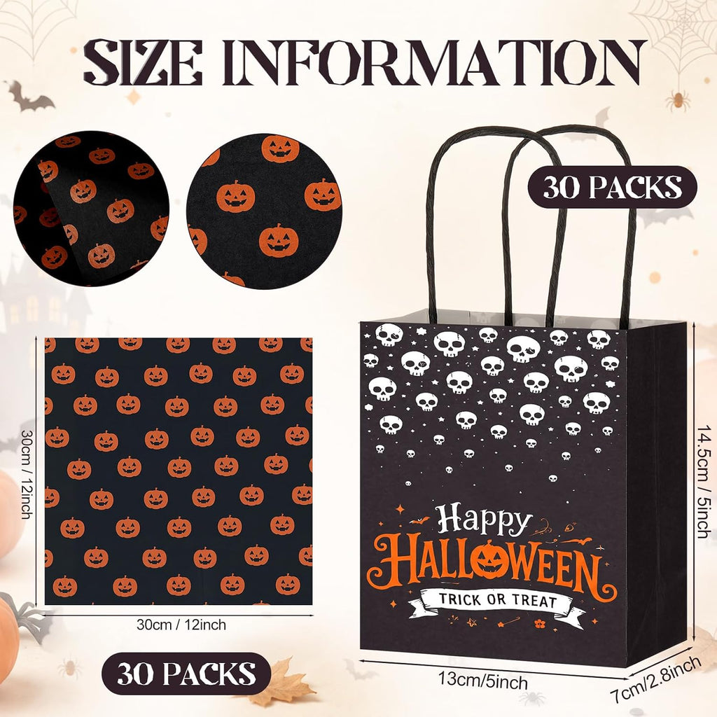 30 Pack Halloween Kraft Gift Bags with Handles Tissue Papers