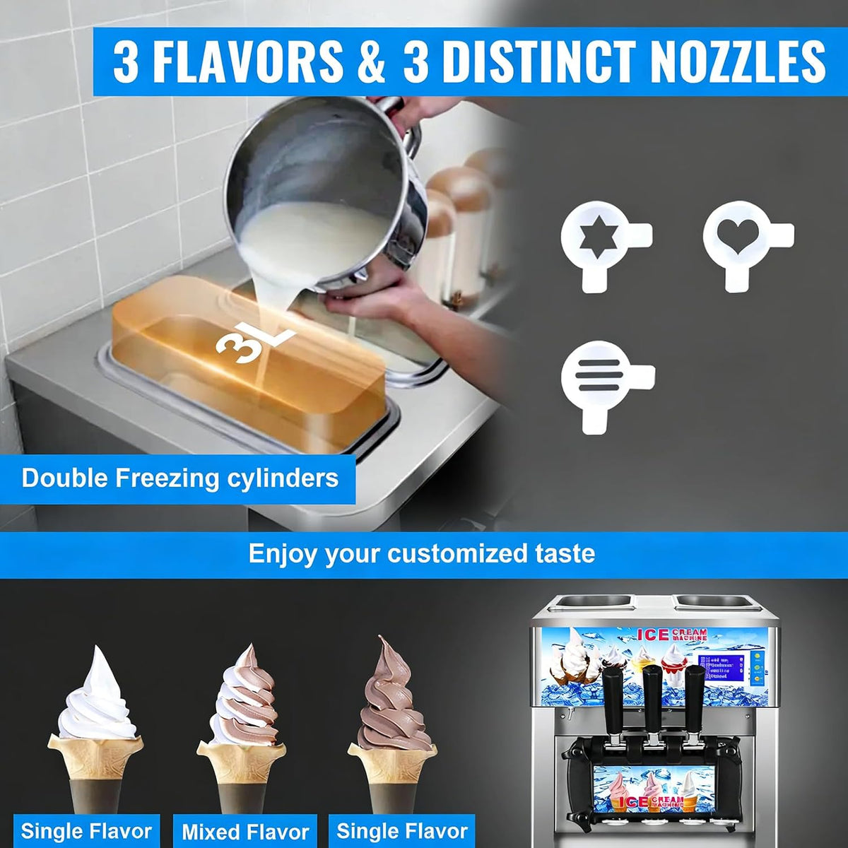 Soft Serve Ice Cream Machine, 18L/H Soft Serve Machine, 1200W Countertop Soft Ice Cream Maker with 3 Flavors LCD