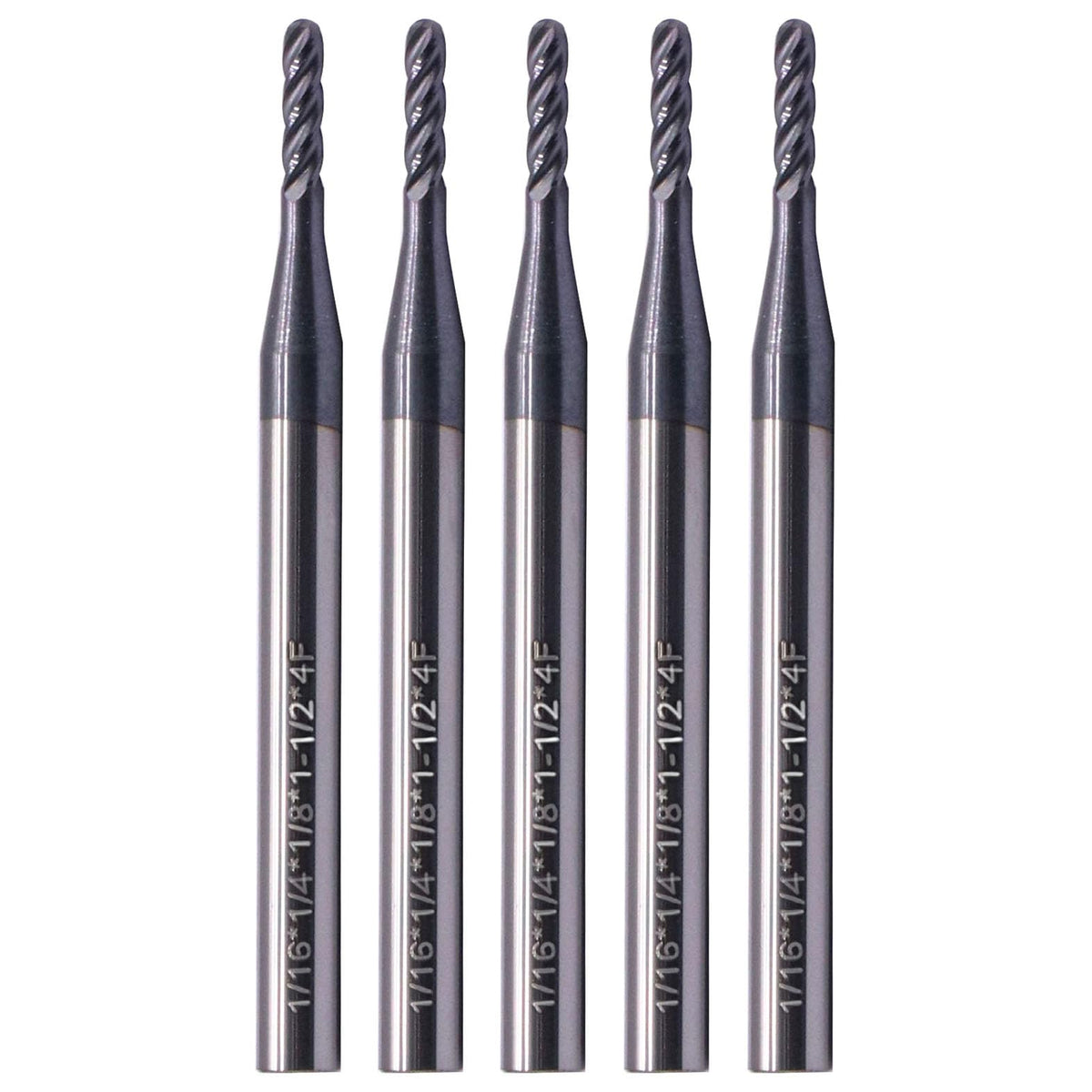 5Pcs 1/16" 4 Flute Solid Carbide Ball Nose End Mills - AlTiN Coated