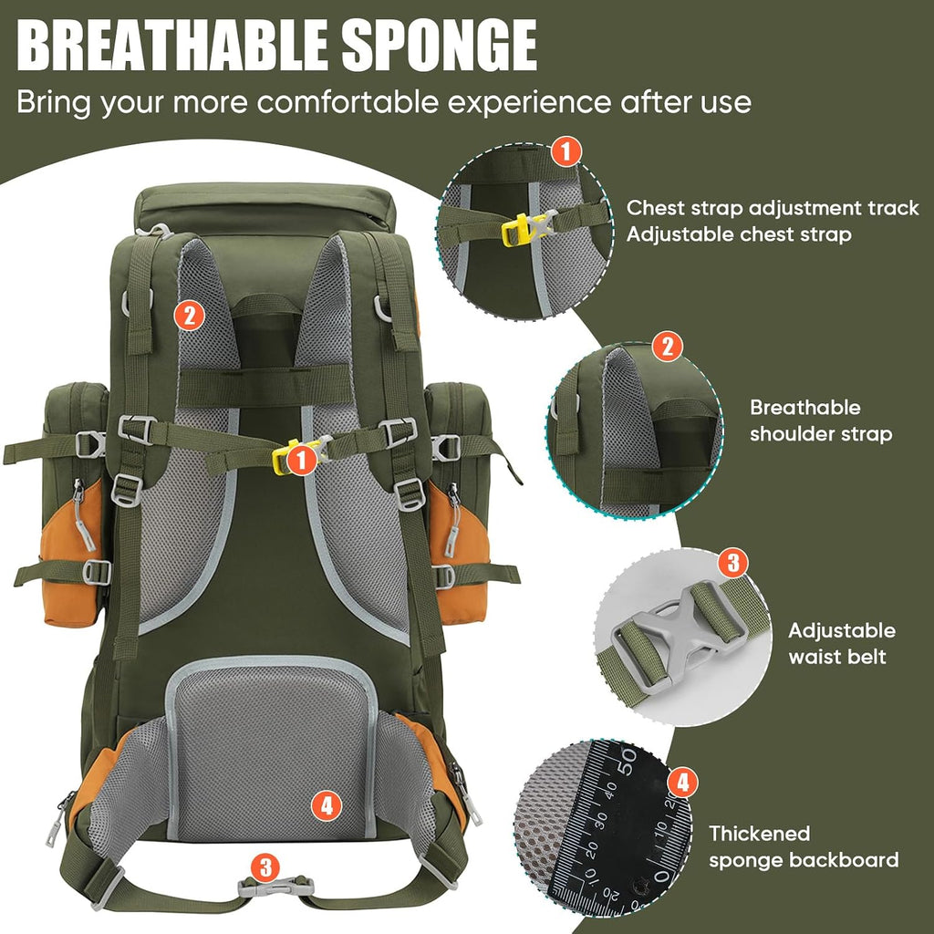 70L (65+5) Waterproof Hiking Camping Backpack with Rain Cover, Outdoor Sport Travel Daypack for Climbing Touring