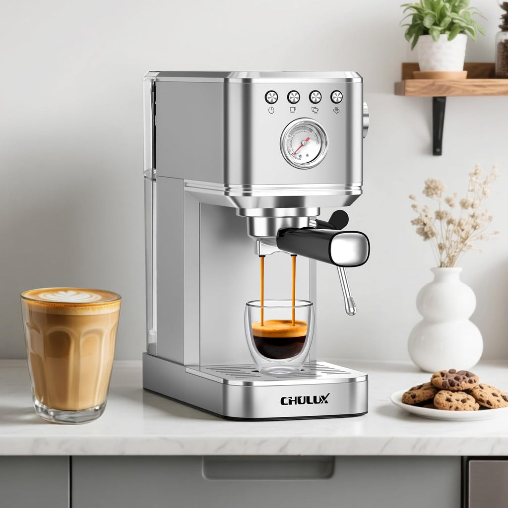 Slim Espresso Machine with Milk Frother for Home Cappuccino & Latte | Precise Pressure Gauge, Food-Grade Materials
