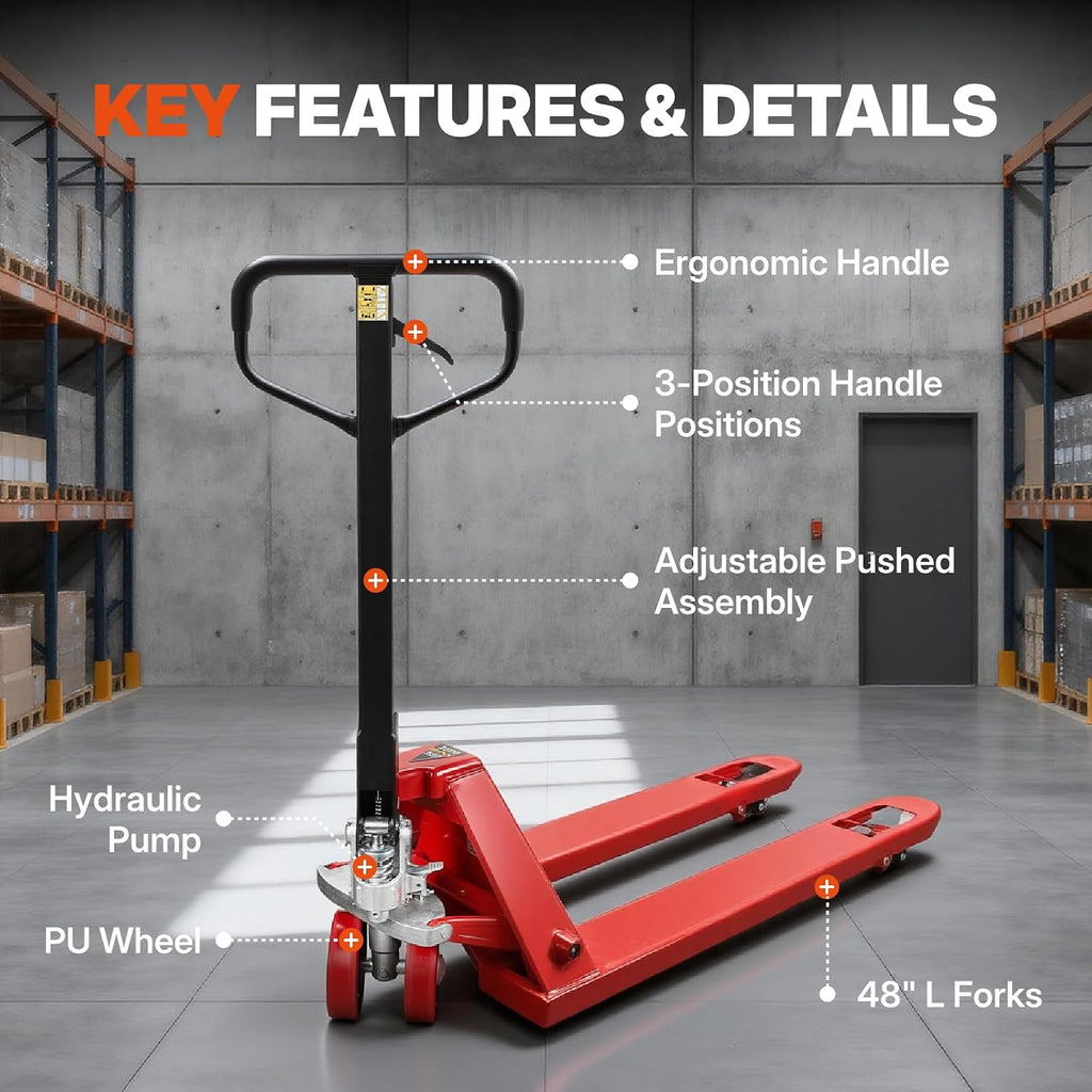 Manual Pallet Jack – Narrow Heavy Duty Manual Forklift, 5500 lbs Capacity, 48" L x 21" W Forks, Durable PU Wheels