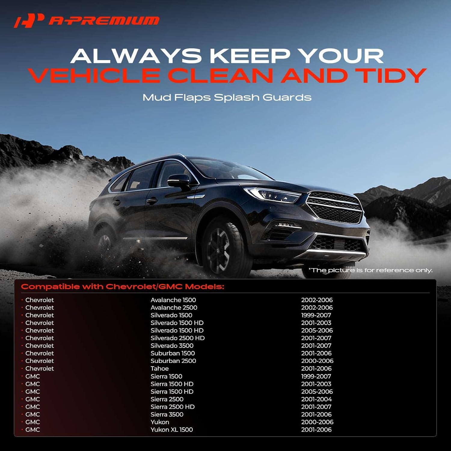 Mud Flaps, No Drilling Required Splash Guards with Accessories | Compatible with Chevrolet Avalanche, Silverado