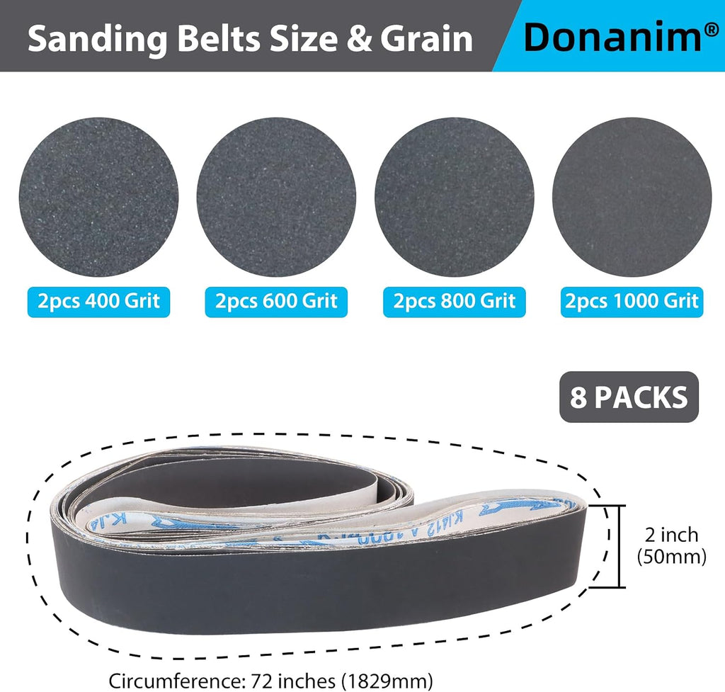 8 Pack 2 x 72 Inch Sanding Belts 400 600 800 1000 Grit Silicon Carbide