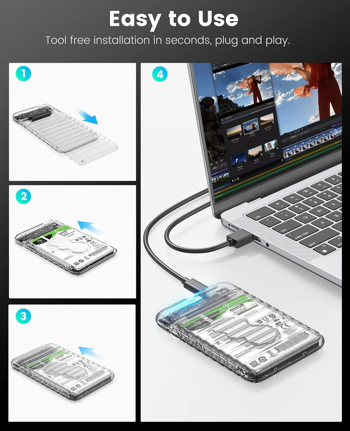 2.5 inch Hard Drive Enclosure USB C to SATA III 5Gbps Clear External Hard Drive Case for All 7mm 9.5mm 2.5 inch SATA