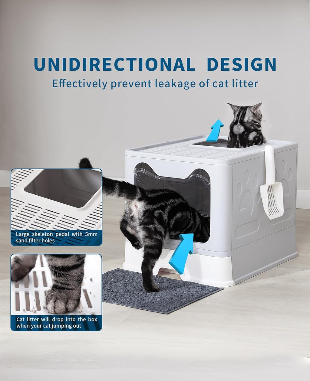 Cat Litter Box with Litter Mat and Scoop, Large Covered Litter Box with Lid, Enclosed Kitty Box, Front Entry Top