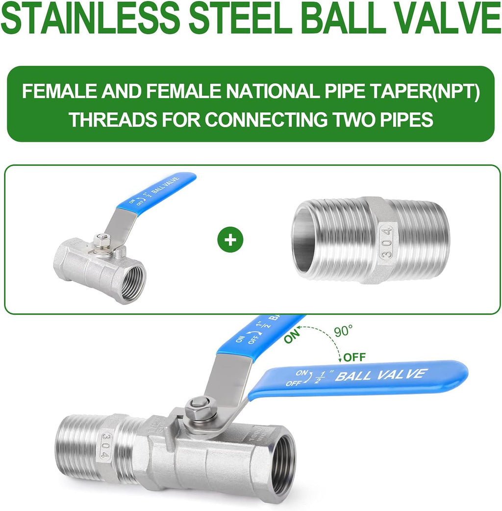 TAISHER 4 Pcs 1/4 Inch FNPT Ball Valve Kit, 304 Stainless Steel with Blue Handles & Nipple