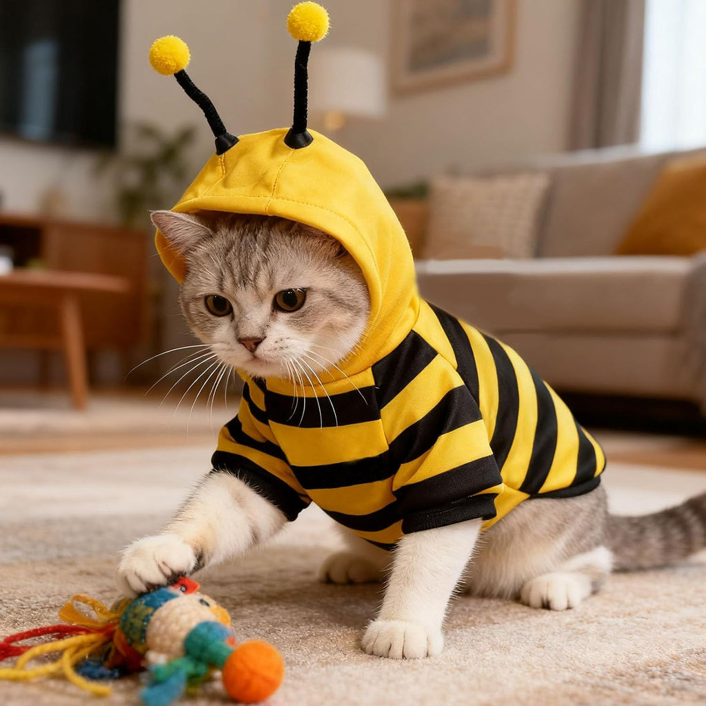 Bumblebee Cat Costume for Sphynx & Small Dogs, Fit Halloween, Yellow, XS | Cute Bee Stripes Hoodie, Soft Warm Fleece