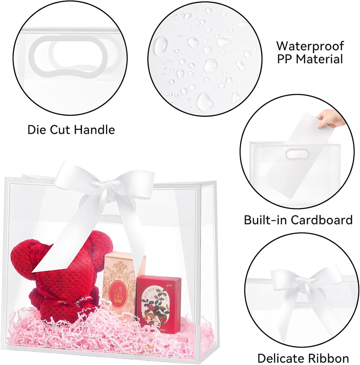 12" Clear Plastic Gift Bags with Handles, 12 Pack, White