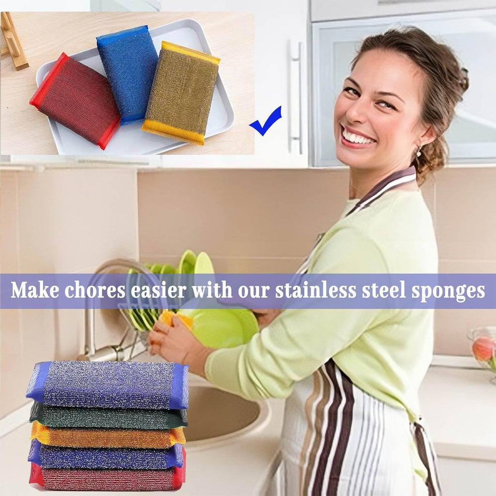 Steel Wool Scrubber Kitchen Sponges - 6 Pack Kitchen Dish Sponges Scrubbers, Non-Scratch Microfiber sponges for