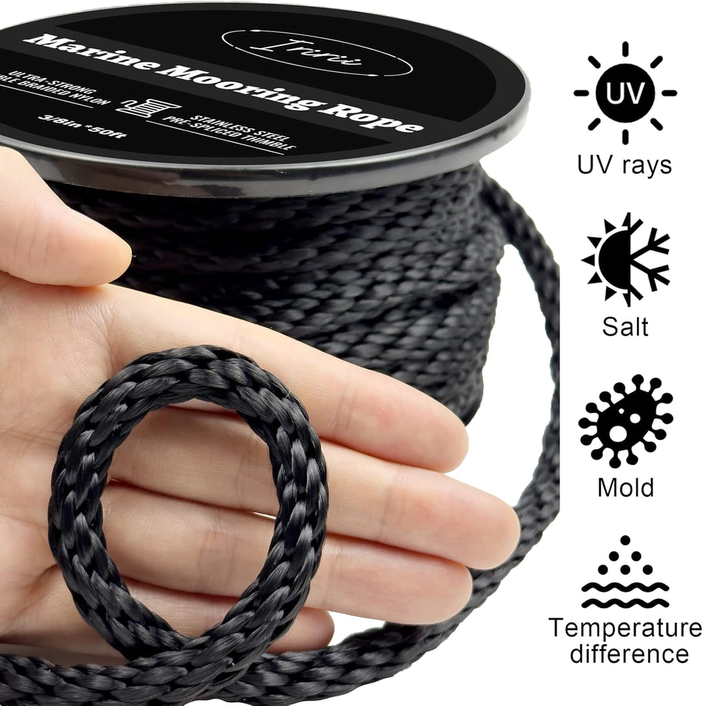 50 Feet Double Braided Nylon Boat Anchor Rope 3/8inch with 316 Stainless Steel Thimble and Heavy Duty Snap Hook