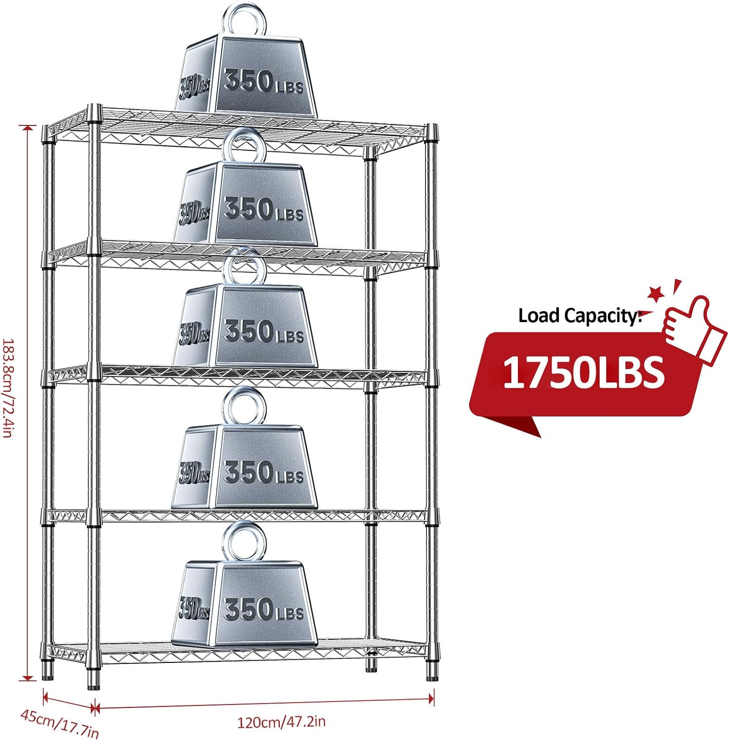 5-Tier Heavy Duty Metal Storage Shelving Unit (Chrome, 17.7" D x 47.2" W x 72.3" H, 1750 lbs Capacity), Adjustable
