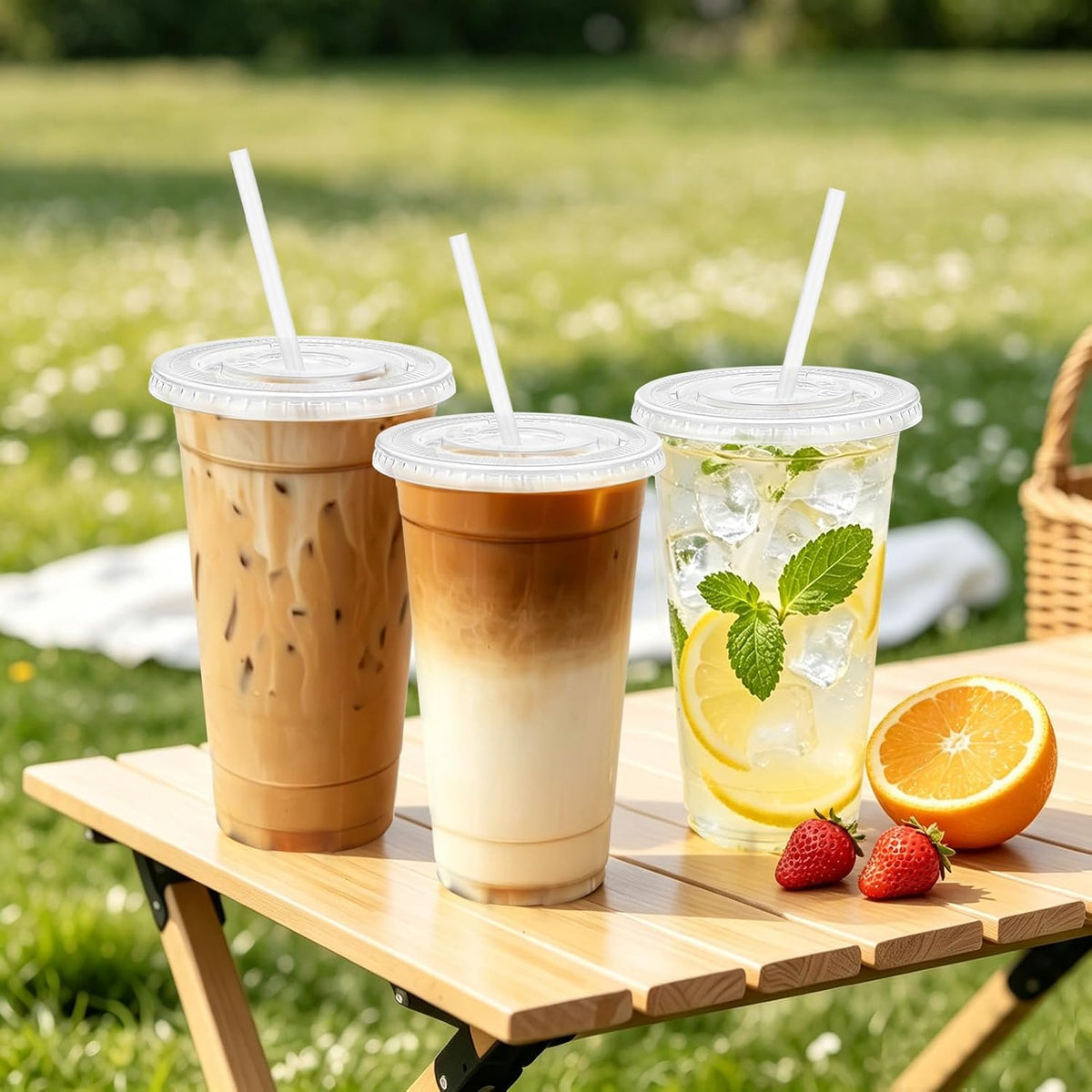 100 Pack 24 oz Clear Plastic Cups with Lids and Straws Disposable