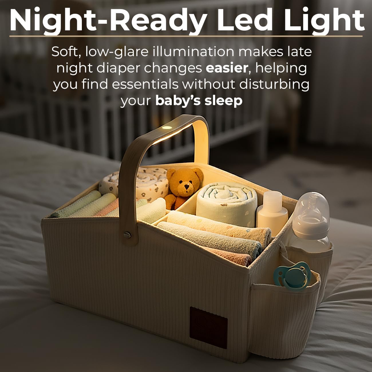 Diaper Caddy Organizer With Portable Changing Mat, LED Night Light, Wooden Handle & Shoulder Strap - Stylish Nursery