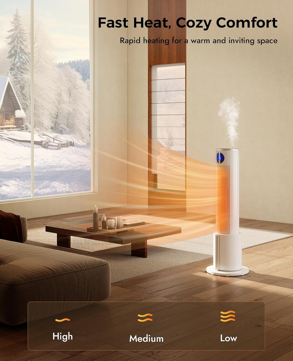 Space Heater with Humidifier - Portable Tower Heaters for Indoor Use, Remote, Adjustable Thermostat, 3 Heat Modes