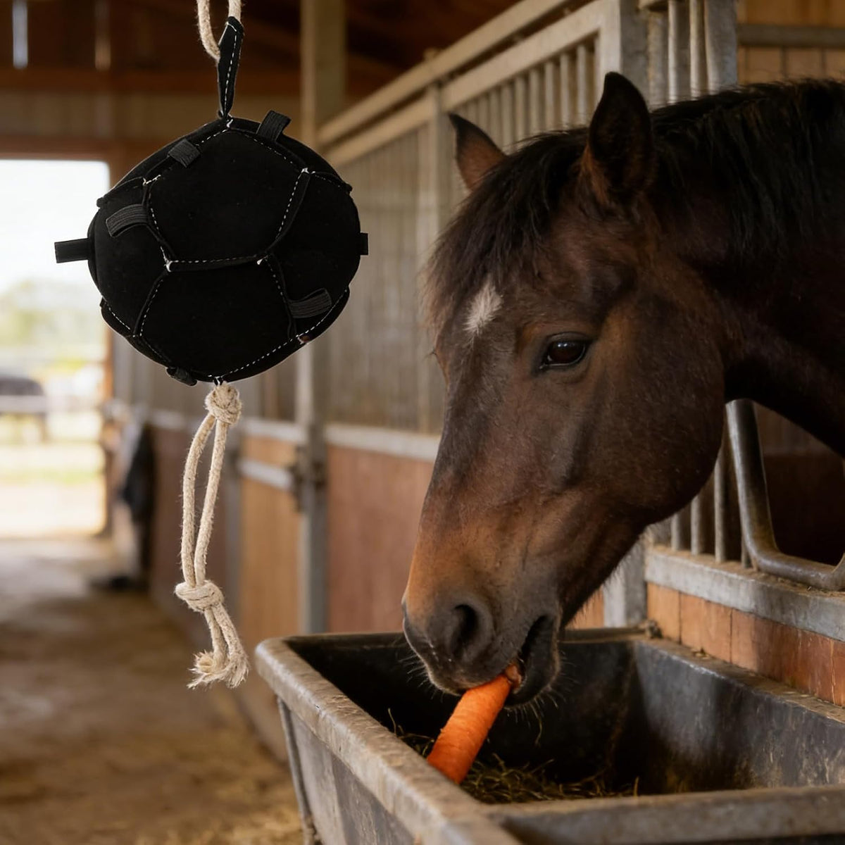 Horse Treat Ball Interactive Slow Feed for Barn Animals and Horses with Rewarding Carrot Mechanism and Fabric Material