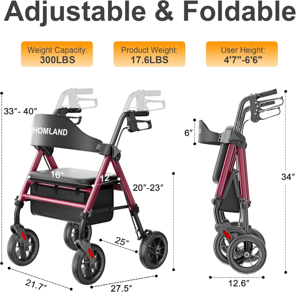 Walkers for Seniors with Seat, Foldable Rollator Walker, Reinforced Aluminum Frame, 8" Big Rubber Wheels for All