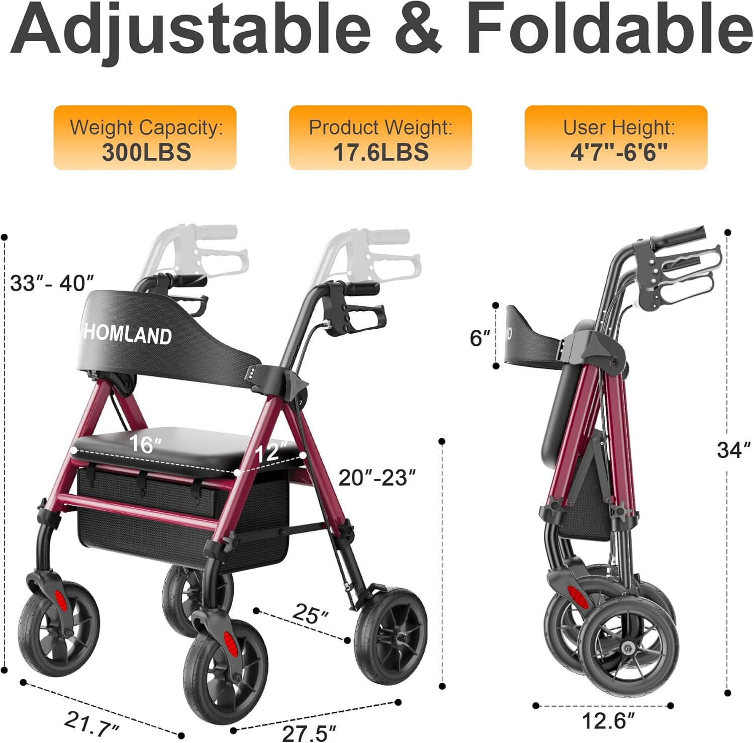 Walkers for Seniors with Seat, Foldable Rollator Walker, Reinforced Aluminum Frame, 8" Big Rubber Wheels for All